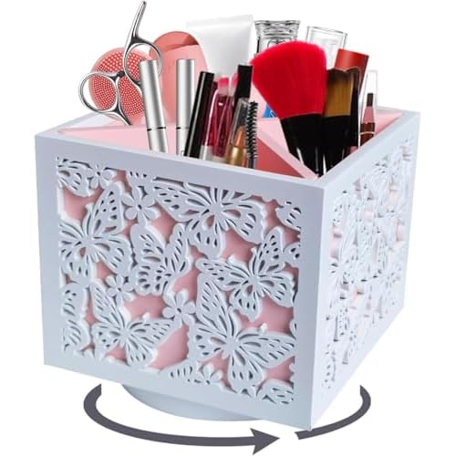 360 Rotating Makeup Brush Holder with Butterfly Cutout, Wooden Makeup Organizer for Vanity - 4 Compartment Spinning Desk Organizer for Pens, Lipsticks, Eyebrow Pencils