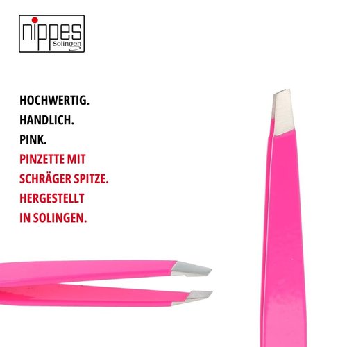 nippes Solingen Tweezers with Oblique Tip, Pink, Stainless Steel, 9.5 cm Length, Eyebrow Plucking, Tweezers Pointed for Precise Hair Removal