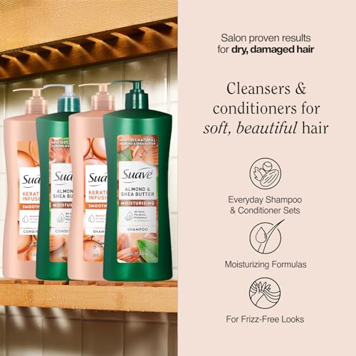 Suave Shampoo and Conditioner Set, Keratin Infusion + Almond & Shea Butter ??Frizz Control and Moisturizing Hair Care Bundle, 28 Oz Ea (4 Piece Set)