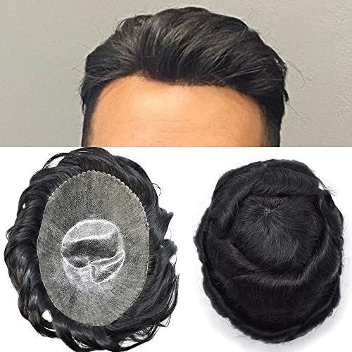 LOVIN HAIR Toupee for Men Hair Replcement System Mens Toupee Full Poly Thin Skin Human Hair Piece All PU Injection Toupee Hair Systems (1# Jet Black, 8''X10'')