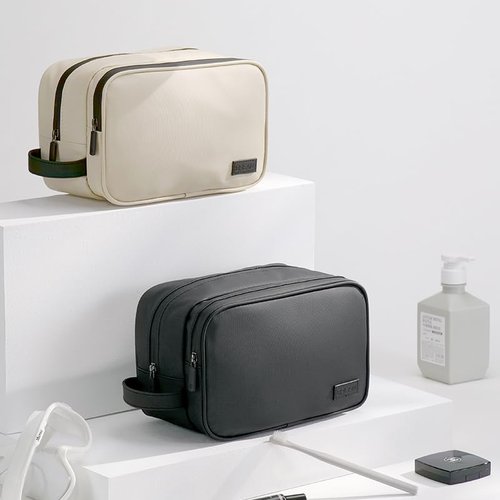Portable Waterproof Leatherette Toiletry Bag - Double-Layer Large Capacity Organizer for Travel & Makeup, Multifunctional Toiletries Storage with Handle (Beige)