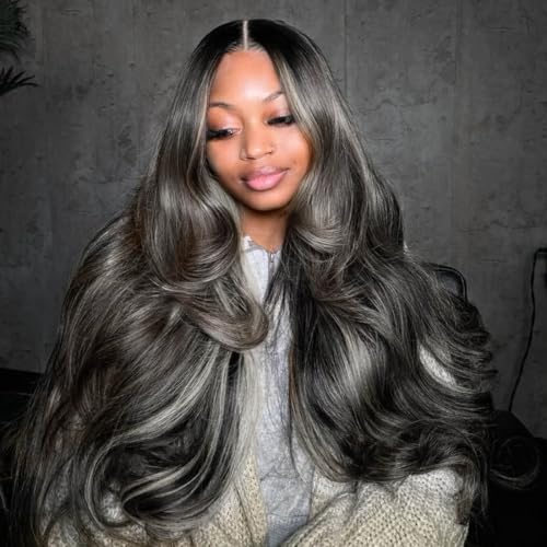 Rina Upgrade Black with Brown Blonde Highlight Wig Human Hair 210% Density 13x4 HD Body Wave Luxury Balayage Blonde Highlight Wig 12A Grade Raw Hair Pre Plucked Ombre Lace Front Wig for Women 26 Inch