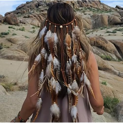 AWAYTR Feather Headband Women Festival Headwear Bohomia Feather Rope Crown Headdres For girls (White + Brown)