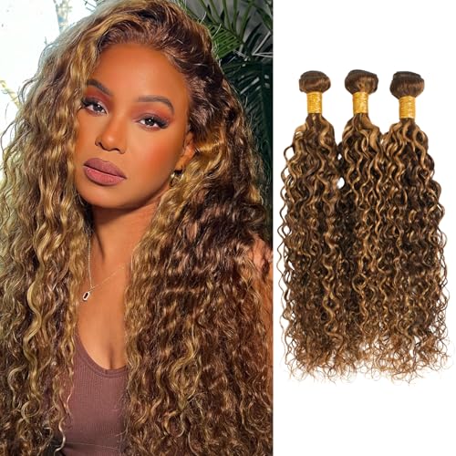 ALHER Water Wave Ombre 3 Bundles 18 20 22 Inch Honey Blonde Highlight Bundles Human Hair Wet and Wavy Brown P4/27 Piano Color 3 for Black Women Soft Thick 12A 100% Brazilian Virgin Remy Hair