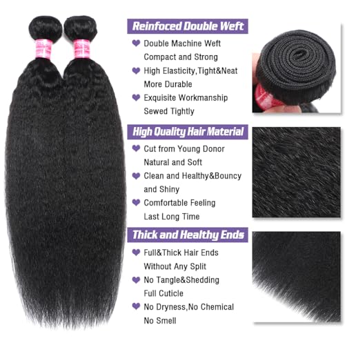 Kinky Straight Human Hair Bundles 100% Unprocessed Brazilian Virgin Hair(20 22 24 Inch)12A Silky Yaki Straight Bundles Human Hair Quick Weave for Black Women Natural Color