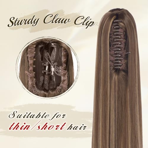 FESHFEN Claw Ponytail Extensions - Long Straight Ponytails for Women Hairpieces Synthetic Hair Pony Tails Extension Clip in Hairpiece, 25 inch Honey Blonde Mixed Light Brown