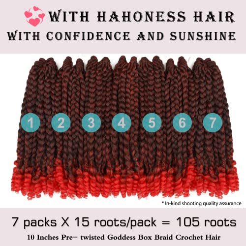 Short Goddess Box Braid Crochet Hair For Black Women and Baby Kids- 7 Packs 10 Inches Ombre Red, Synthetic Hair With Toni Curl Ends Extensions (10 Inch-7Packs,T1B/Red)