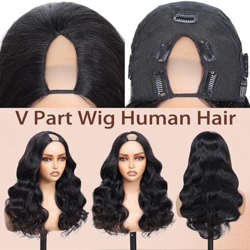 V Part Wig Human Hair Body Wave Upgrade U Part Human Hair Wig With Adjustable Drawstring 200% Density V Shape Clip In Half Wig For Women Natural Color 20 Inch