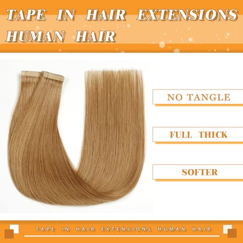 YDDM Tape in Hair Extensions Human Hair, 24 Inch 40Pcs Honey Blonde Straight 100% Real Human Hair for Women Seamless Invisible Tape in Hair Extensions(27#, 24 Inch, 40pcs)