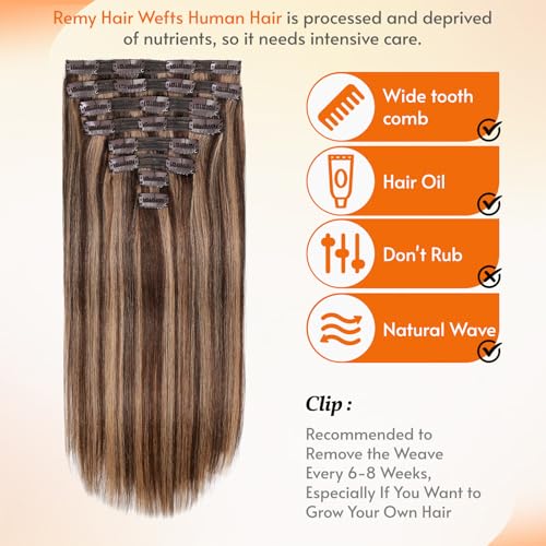 Clip in Hair Extensions Real Human Hair 20 inch, 8Pcs/120g Human Hair Clip in Extensions, Seamless Clip in Hair Extensions Human Hair #4/27 Medium Brown/Dark Blonde, 20 Inch