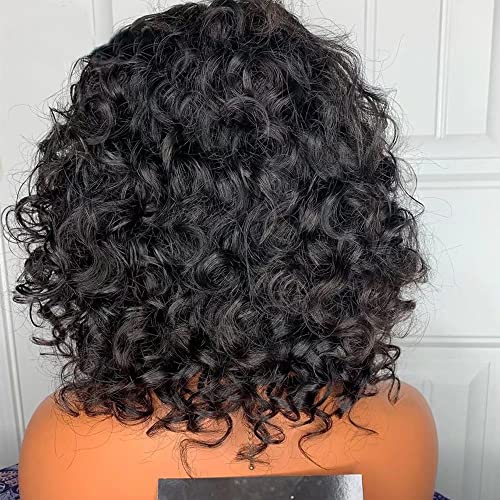 HD Invisible Human Hair 13X6 Lace Front Wigs Deep Side Parting Short Curly Brazilian Remy Hair Glueless Wigs HD Transparent Lace Short Bob Deep Wave Human Wigs 150% Density 10Inch