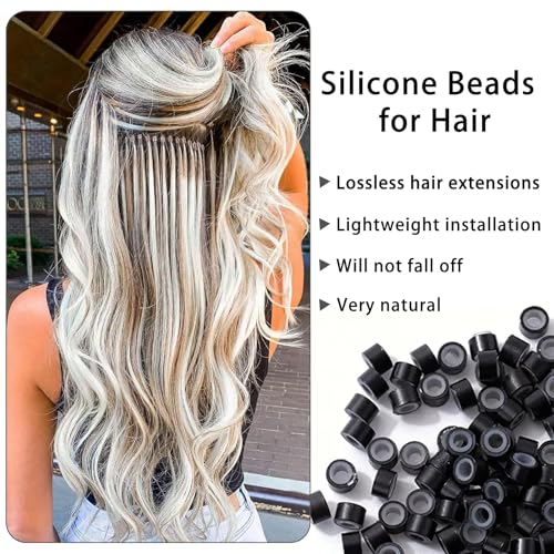 1500Pcs Silicone Beads for Hair Extensions, 3Colors 5mm Silicone Lined Beads Microlink Rings Hair Extensions Tool (Brown-Black-Blonde)