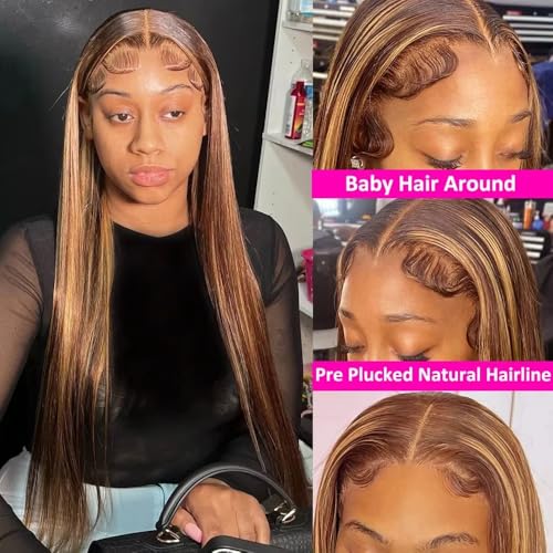 Ombre Lace Front Wig Human Hair 22inch Highlight 13x4 HD Straight Lace Front Wigs Human Hair 200% Density 4/27 Colored Honey Blonde Wig Human Hair Glueless Pre Plucked with Baby Hair