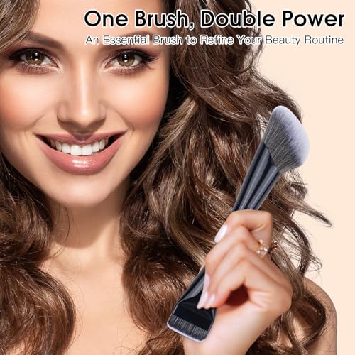 Dual-Ended Makeup Brush,Flat Top Foundation & Angled Contour Brush for Flawless Blending, Smooth Coverage & Effortless Contouring, Ideal for Foundation, Blush, Bronzer & Powder (Black)