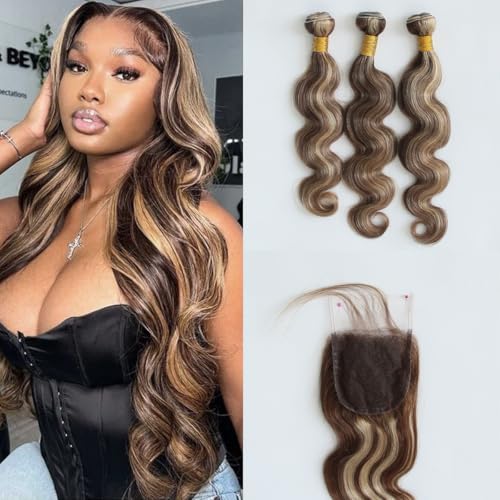 8A Pre Plucked 4x4 Lace Closure With 3 Bundles Highlight P4/27 Brown Honey Blonde Body Wave Brazilian Virgin Human Hair (14with18 20 22)