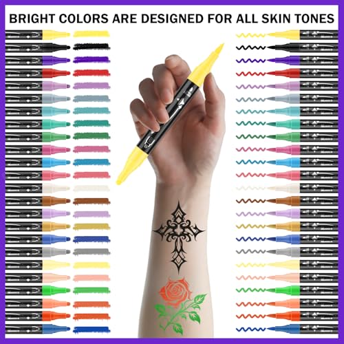 Ponhey Temporary Tattoo Markers for Skin, 24 Body Markers+67 Large Tattoo Stencils,Dual-End Tattoo Pens,Fine Lines with Cosmetic-Grade,Flexible, Skin-Safe Face Paint Kit for Kids Teenage Adults