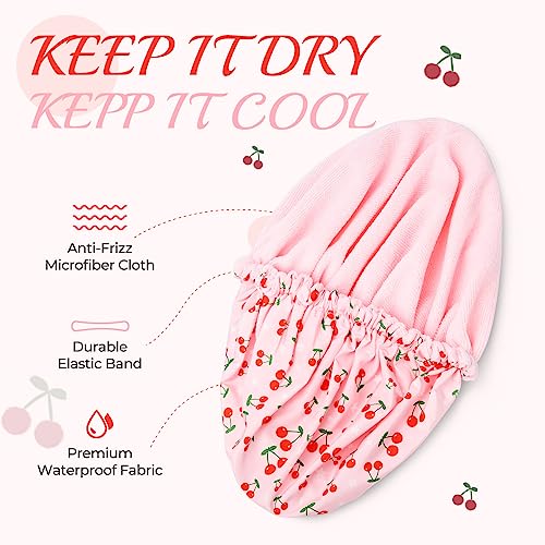 Shower Cap for Women Terry Lined Bath Cap Large Reusable Waterproof Elastic Band Pink Shower Caps for Long Thick Hair Soft Bath Shower Hair Caps