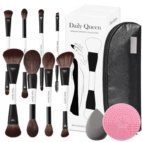 Portable Makeup Brush Set 8pcs Dual Kabuki Powder Concealers Eye shadows Blush Eyeliner Eyebrow Contour Eye blending Brushes (8IN16 brush set with cleaner &Sponge &b)