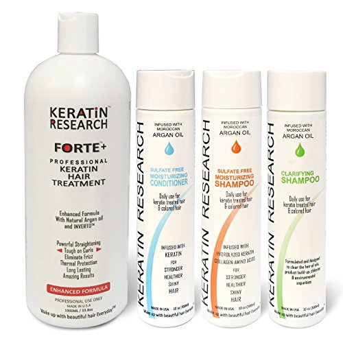 KERATIN RESEARCH Forte Keratin Brazilian Keratin Hair Blowout Treatment with Moroccan Argan Oil, Extra Strength, 4 Bottles, 1000ml, Unscented, Argan Oil Infused & Sulfate Free, Curly, Coily