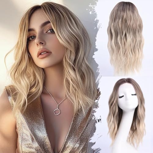 Ombre Blonde Ash Wavy Wigs Human Hair Medium Length for Women Natural Looking Heat Resistant Dark Roots for Party Daily Use (Blonde,18 Inch)