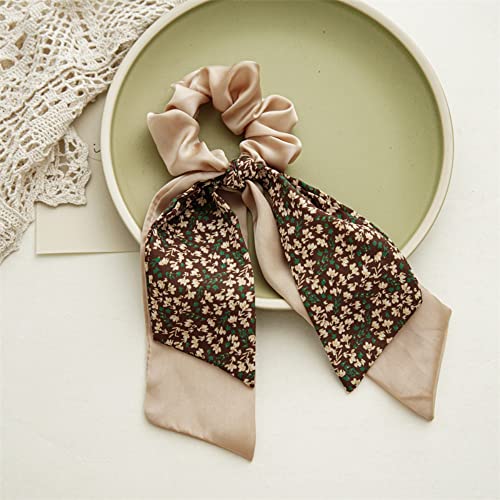 Bandana Hair Scrunchies with Ribbon Bow Scarf Scrunchies for Women, Elegant Floral Hair Ties Plaid Scarf Scrunchies (6 PCS Double Layer)