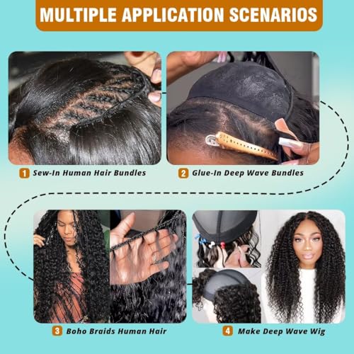 12A Human Hair Bundles 16 18 20 Inch Deep Wave Bundles Human Hair 100% Unprocessed Brazilian Virgin Deep Curly Weave 3 Bundle Water Wavy Hair Extensions Real Human Hair 1B Bundle for Women