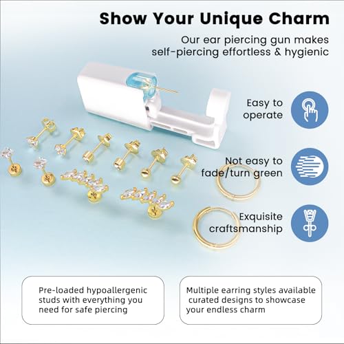 24 Pcs Ear Piercing Kit Ear Disposable Piercing Gun Kit Includes 6 Pcs Self Piercing Gun 12 Pcs Cubic Zirconia Earrings Stud Hoop Earrings 6 Cleaning Pads Easy to Use Ear Piercer Kit Tool