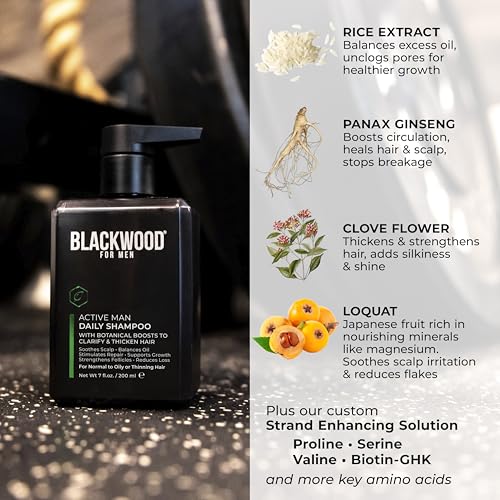 BLACKWOOD FOR MEN Active Man Daily Shampoo - Thickening & Clarifying Shampoo for Normal to Oily Hair or Scalp - Fights Hair Loss - Natural Vegan Formula - Sulfate Free with Ginseng & Aloe Vera (7oz)