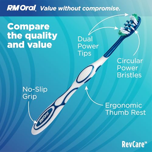 RM Oral RevCare Medium Toothbrush, Circular Power Bristles Power Away Plaque, Tongue & Cheek Cleaner Fights Bad Breath, Value 10 Count