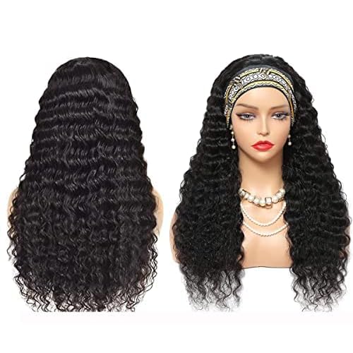 Aiterina Headband Wig deep wave human hair wigs for Black Women Brazilian Remy Hair Glueless Non Lace Front Wig 150% Density Natural Color (8 inch, Headband Wig Deep Wave)