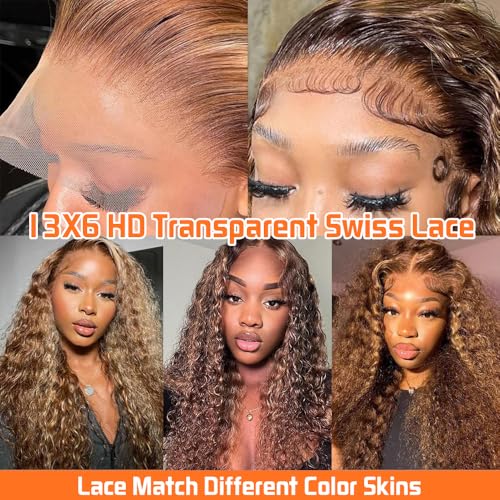 CHEETAHBEAUTY #4/27 Ombre Highlight Deep Wave 13X6 HD Transparent Lace Front Wigs Brazilian Deep Curly Human Hair Wigs for Black Women Pre Plucked with Baby Hair 250% Density(22inch)