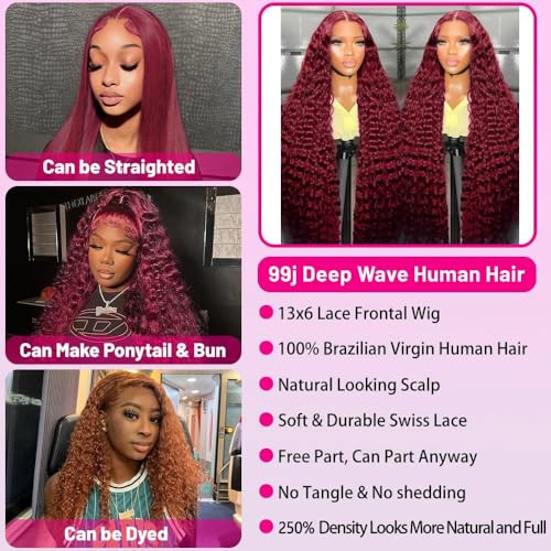 Larhali 99J HD Lace Front Wigs Human Hair Pre Plucked 250% Density Burgundy 13x6 Deep Wave Frontal Wigs Natural Hairline Human Hair Wigs for Black Women(24 Inch)