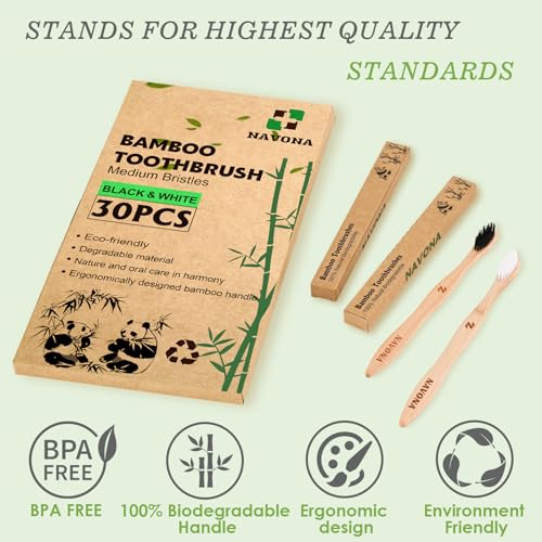 Navona 30 PCS Bamboo Toothbrushes Pack, BPA Free Medium Soft Bristles Toothbrushes for Adults, Eco-Friendly Natural Wooden Toothbrush Bulk, Box of Two Reusable Travel Toothbrush