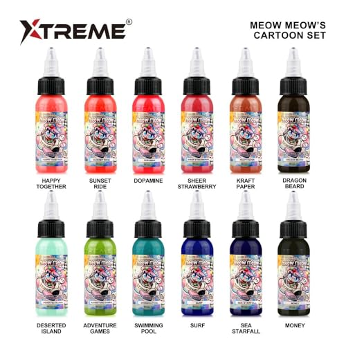 XTREME Ink Meow Meow Signature Tattoo Ink Set ? 12 Professional Colors for Illustrative, Anime & Contemporary Styles ? Vibrant Warm & Cool Tones ? Smooth Saturation (Set of 12, 1 oz)