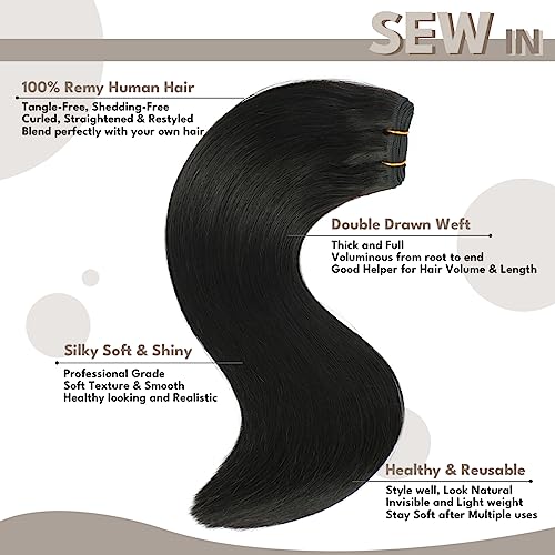 Sew in Hair Extensions Real Human hair, Silky Soft &Shiny Double Drawn Weft Hair Extensions human hair, Thick ends&Tangle Free Human hair extensions sew in,100g Straight Natural Black,16 inch