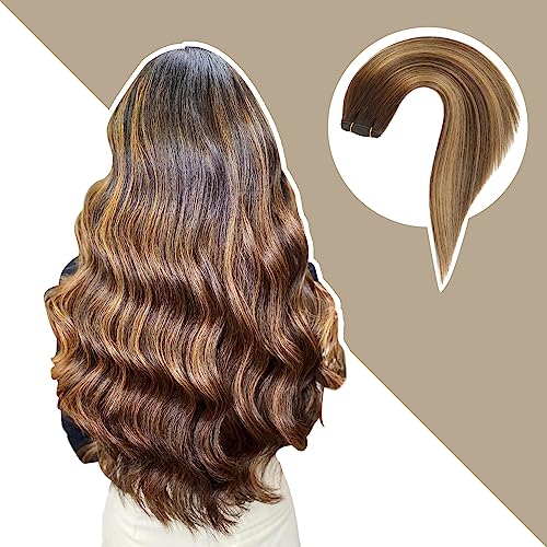 Sew in Hair Extensions Real Human hair, Double Drawn Weft Hair Extensions human hair, Silky Soft &Shiny Human hair extensions sew in, 100g Balayage Chocolate Brown to Caramel Blonde, 22 inch