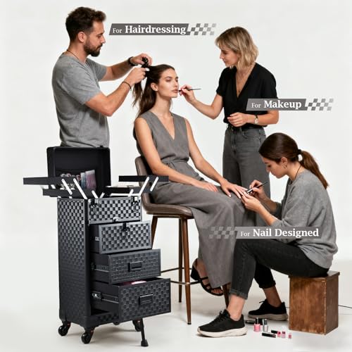 Stagiant Rolling Makeup Case with Drawers Cosmetology Case on Wheels 4 IN 1 Makeup Case 3 Drawers with Foot Stand Spring-release Mechanism Rolling Make Up Organizer for Artist Salon Nail Teach Trunk