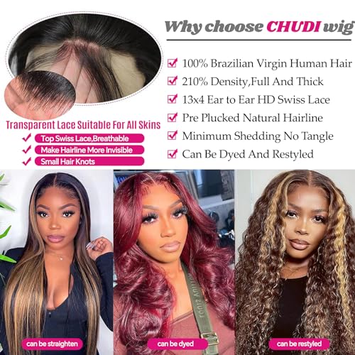 CHUDI Highlight Ombre Lace Front Wig Human Hair 210% Density Colored 13x4 HD Transparent Lace Frontal Wigs Glueless Body Wave Wigs Pre Plucked With Baby Hair FB30 Light Brown Balayage Wig 26Inch