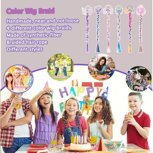 6 Pcs Rainbow Color Braids Hair Extensions - Ponytails & Bows with Rubber Bands - Glitter Braided Wig - Cosplay Hair Accessories for Girls & Women