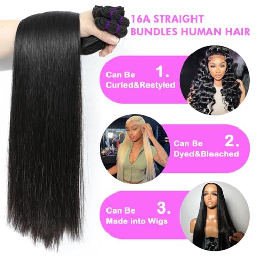 16A Straight Human Hair Bundles 100% Unprocessed Brazilian Virgin Hair Straight 3 Bundles Remy Hair Bundles for Black Women Natural Black