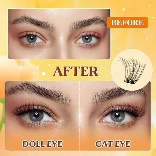 QUEWEL Self Adhesive Lash Clusters Kit, Pre Glued Eyelashes Clusters, 10-16MM Strong Hold Self Adhesive Eyelashes,D Curl Press On Lashes No Glue Needed DIY Lash Extensions Kit at Home(MJ02)