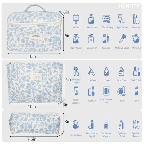 Makeup Bag,Quilted Cosmetic Bag,Large Floral Make Up Bag for Women,Cotton Makeup Bag Set,Flower Travel Toiletry Bag