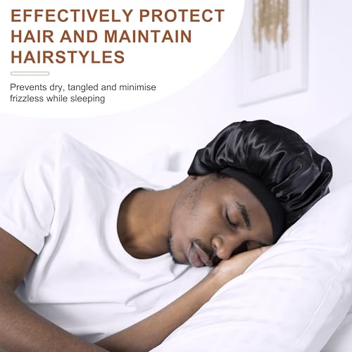 MoHern Bonnets for Men, Double Layer Satin Hair Bonnet for Sleeping, Reversible Night Cap, Black Bonnet for Curly Hair, Satin Bonnet for Black Men and Women
