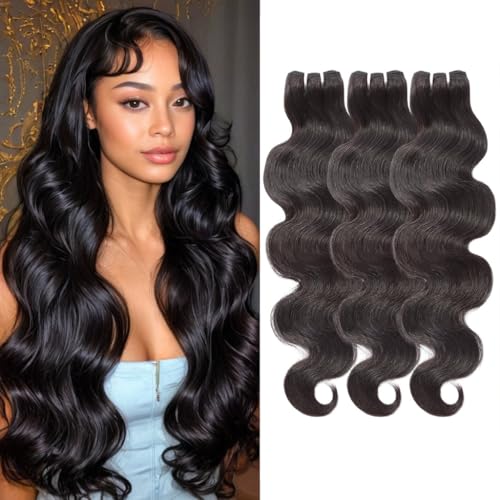 Wequeen 16A Body Wave Human Hair Bundles 20 22 24 Inch 100% Unprocessed Brazilian Virgin Hair Quick Weave Bundles Human Hair Extensions Real Human Hair, Natural Black
