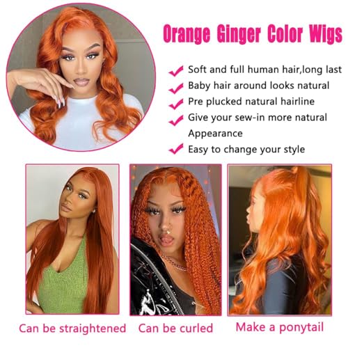 13x4 Orange Ginger Lace Front Wigs Human Hair Pre Plucked Body Wave Wig Brazilian Colored Human Hair Wigs for Black Women Invisible Transparent Lace Frontal Wigs 180% Density (28 Inch)