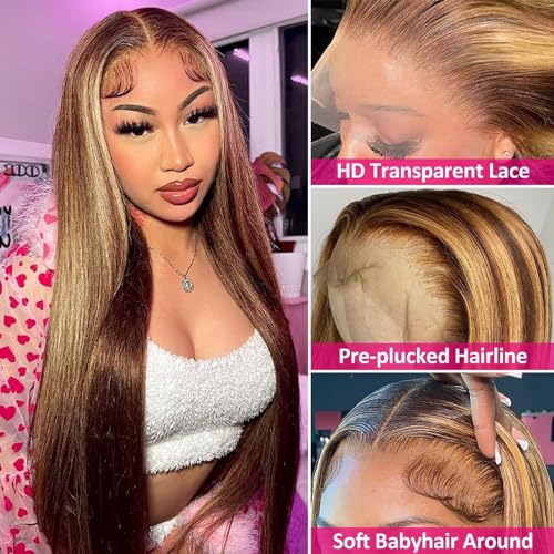 Highlight Ombre Lace Front Wig - 32 inch Human Hair, 180% Density, Honey Blonde, Straight, 13x4 HD Transparent Lace