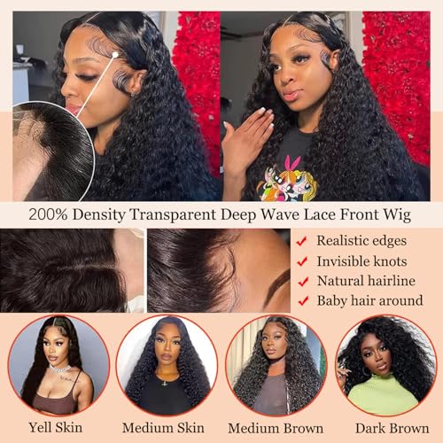 MISSJAY 13x6 Deep Wave Lace Front Wig Human Hair 32 Inch 200% Density Deep Curly Wig with Baby Hair Pre Plucked Lace Front Wigs 100% Unprocessed Brazilian Virgin Hair Natural Color for Women