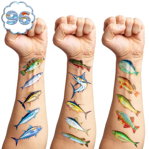 96 PCS Fishing Pre-Cut Temporary Tattoos Birthday Party Decorations Favors Supplies Decor Gone Fishing Fisherman Stickers For Girls Boys Gift School Prizes Rewards (Normal)