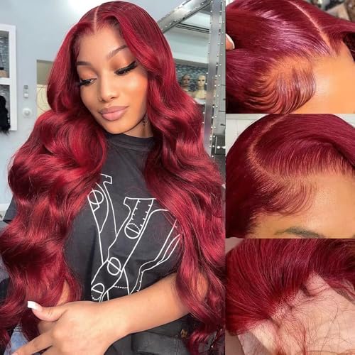 30inch Burgundy Lace Front Wigs 220% Density 13x6 Body Wave Lace Frontal Wigs Pre Plucked Glueless Red Wig Wine Red Lace Frontal Wigs for Women
