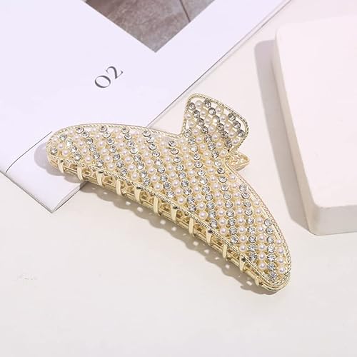 2 Pack Large Rhinestone Hair Clips, Crystal Pearl Hair Claw Clips, Black Gold Jumbo Jaw Clip, Nonslip Hair Claw for Thick Long Hair, Fashion Hair Clamp Accessories for Women Girls